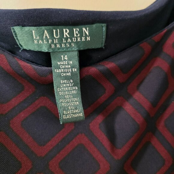 Ralph Lauren Navy/Burgundy Geometric 3/4 Sleeve Shift - sz14 - Picture 3 of 5
